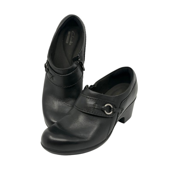Clarks Shoes - Clarks Collection Womens‎ Black Leather Side Zip Heeled Loafers Shoes Size 7M